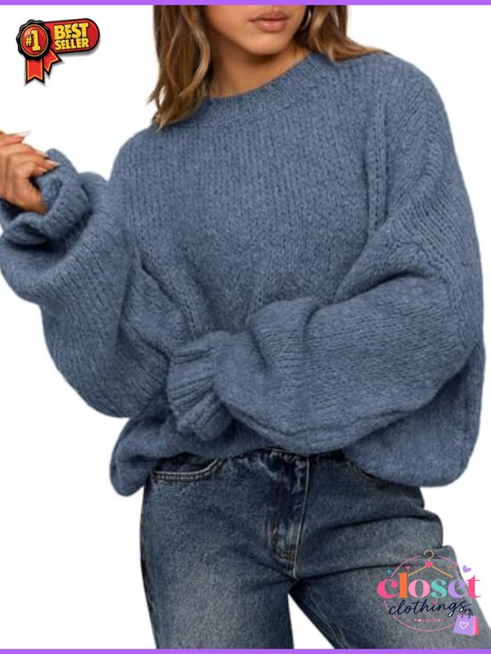 Sweaters - Oversized Chunky Knit Sweater Crew Neck Lantern Sleeve Ruffle Cuff